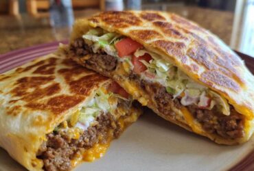 A Copycat Taco Bell Crunchwrap Supreme cut in half, showing seasoned beef, cheese, lettuce, tomato, and sour cream.