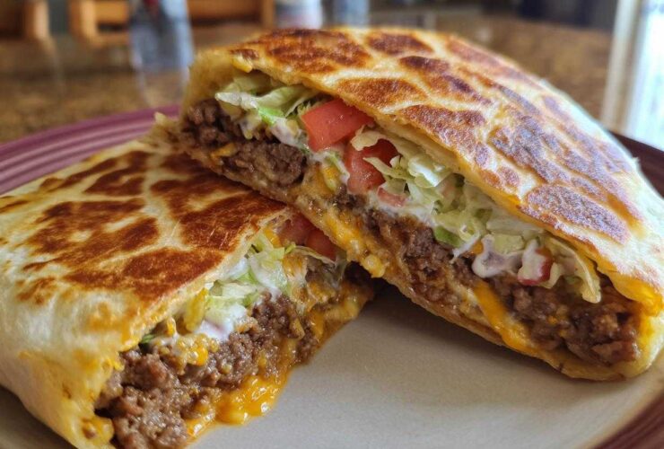 A Copycat Taco Bell Crunchwrap Supreme cut in half, showing seasoned beef, cheese, lettuce, tomato, and sour cream.