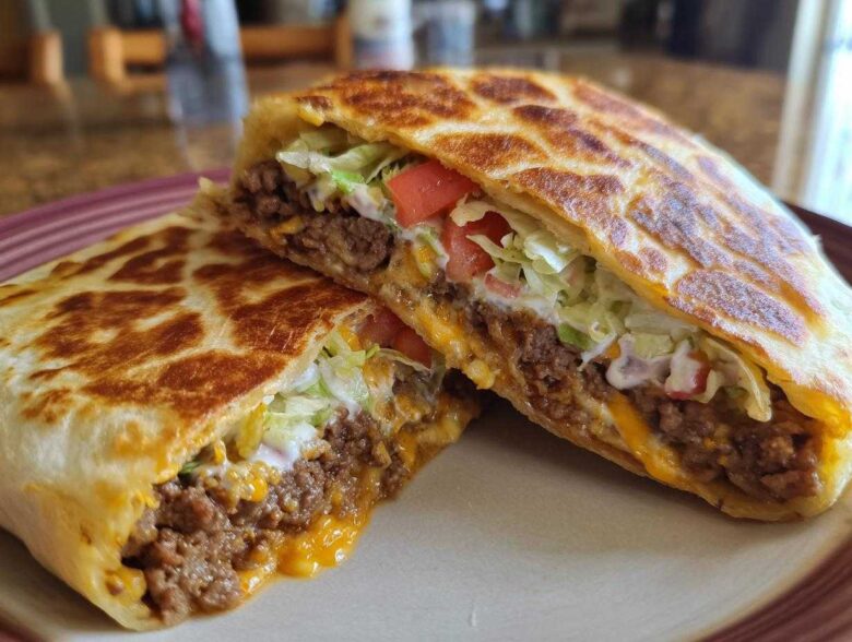 A Copycat Taco Bell Crunchwrap Supreme cut in half, showing seasoned beef, cheese, lettuce, tomato, and sour cream.