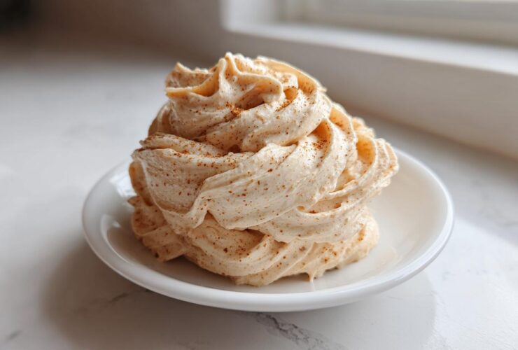 A swirl of whipped Copycat Texas Roadhouse Cinnamon Honey Butter dusted with cinnamon on a small white plate.