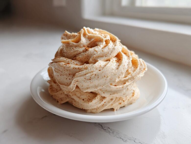 A swirl of whipped Copycat Texas Roadhouse Cinnamon Honey Butter dusted with cinnamon on a small white plate.
