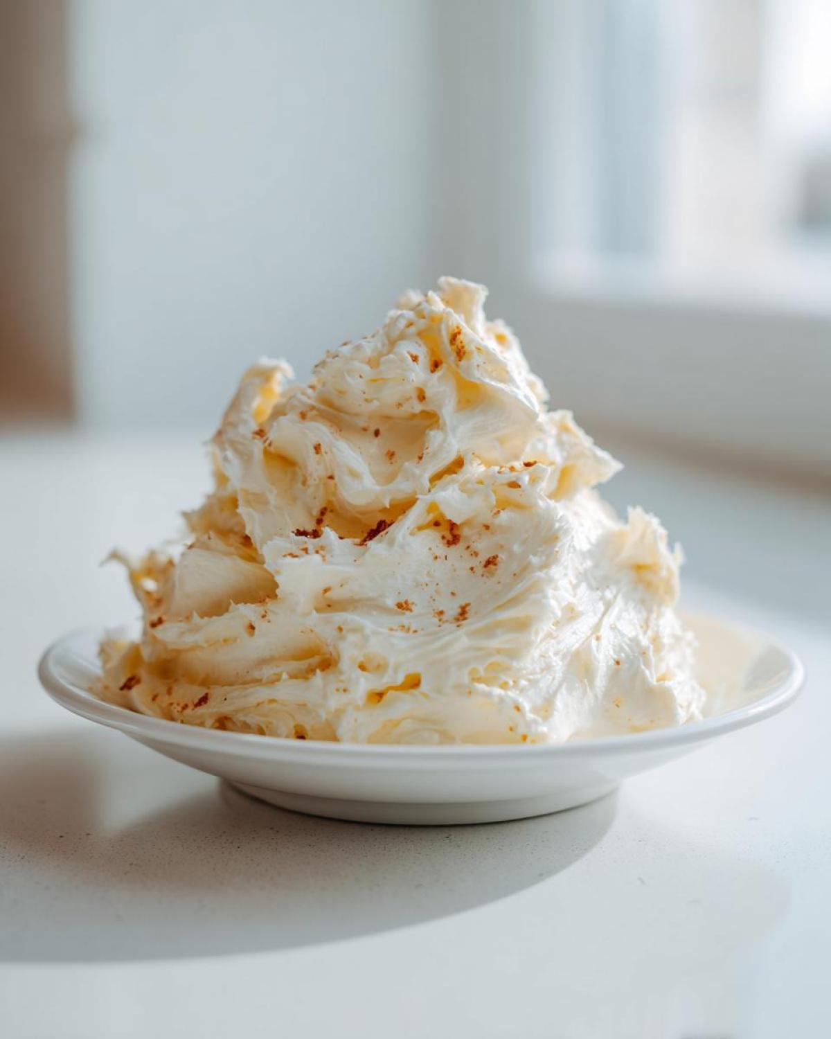 A mound of fluffy, whipped Copycat Texas Roadhouse Cinnamon Honey Butter sprinkled with cinnamon on a small white dish.