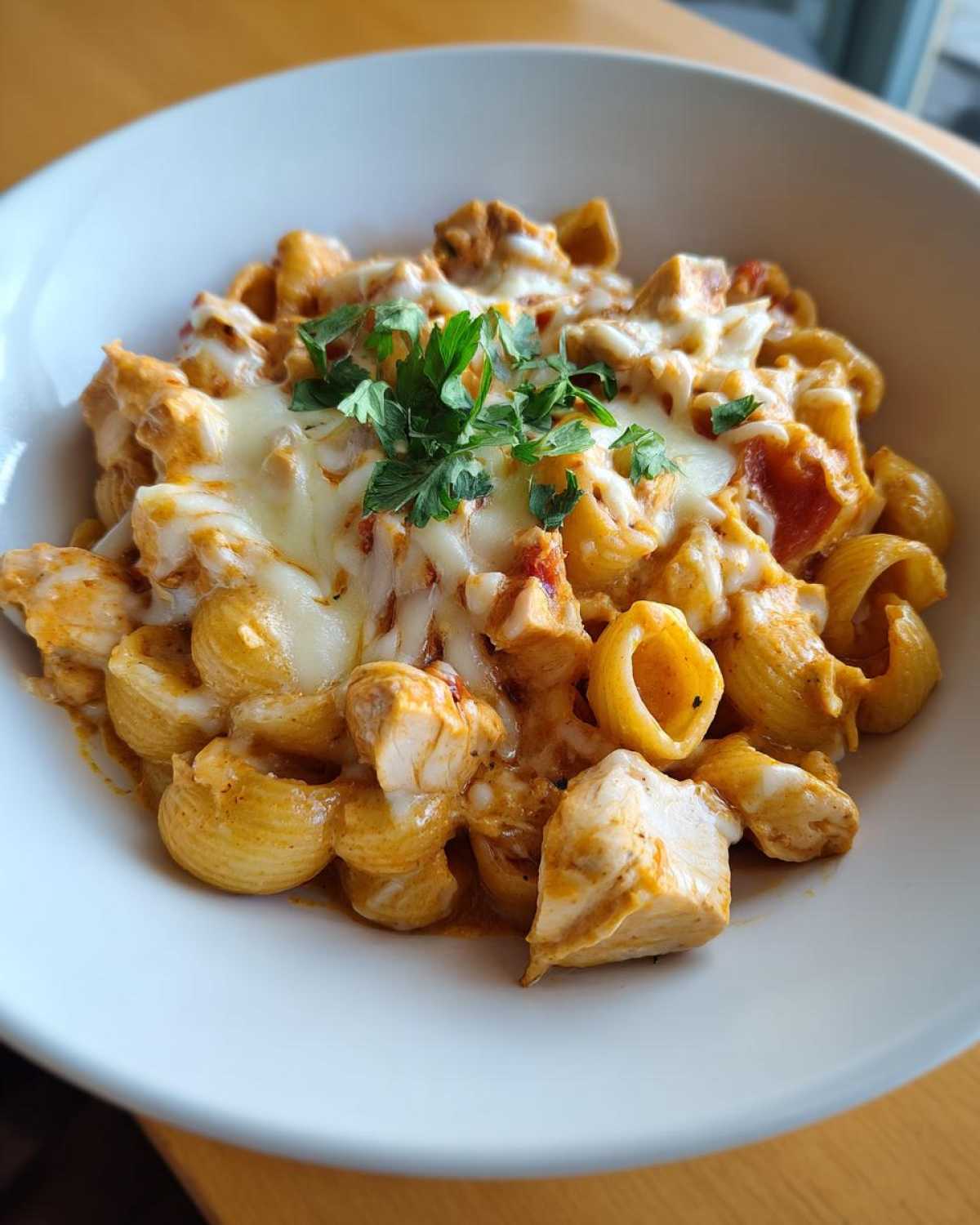 A close-up of creamy chicken enchilada pasta topped with melted cheese and fresh parsley in a white bowl.
