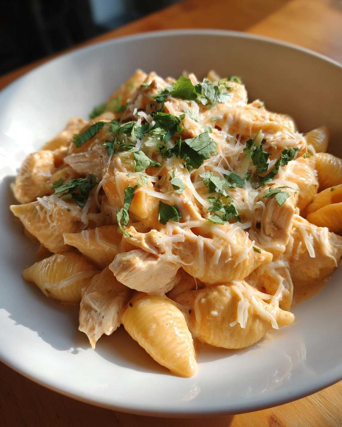 Close-up of creamy chicken enchilada pasta made with shell pasta, topped with shredded cheese and fresh cilantro.