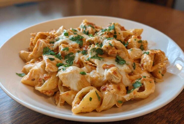 A close-up of creamy chicken enchilada pasta topped with melted cheese and fresh parsley on a white plate.