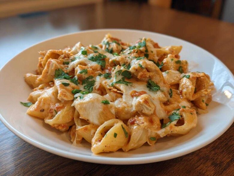 A close-up of creamy chicken enchilada pasta topped with melted cheese and fresh parsley on a white plate.