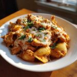 A close-up of creamy chicken enchilada pasta shells topped with melted cheese and fresh cilantro.