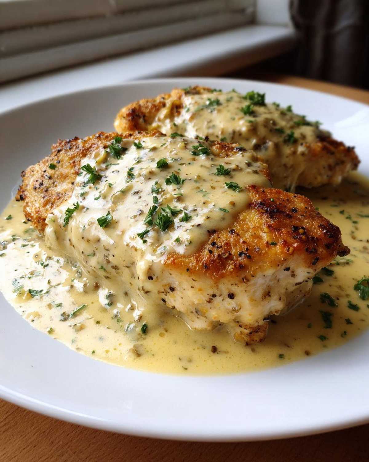Two golden-brown turkey cutlets smothered in creamy garlic butter sauce and topped with fresh parsley.
