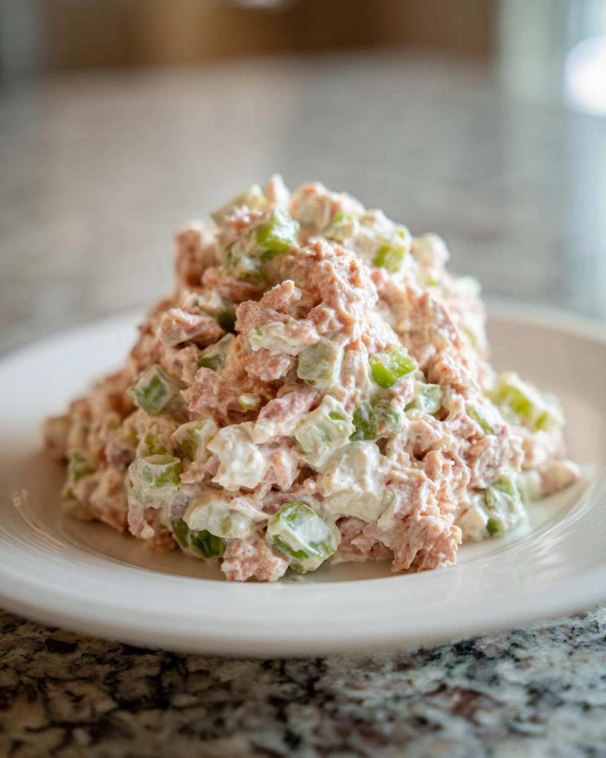 A mound of creamy ham salad recipe mixture with visible chunks of ham and green celery on a white plate.