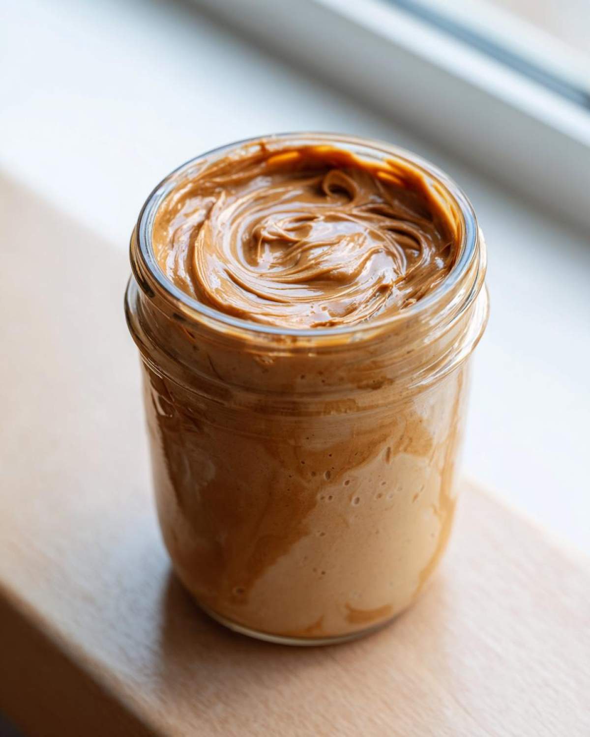 Close-up of creamy peanut butter mixture swirled inside a glass jar, essential for Vegan Peanut Butter Banana Overnight Oats.