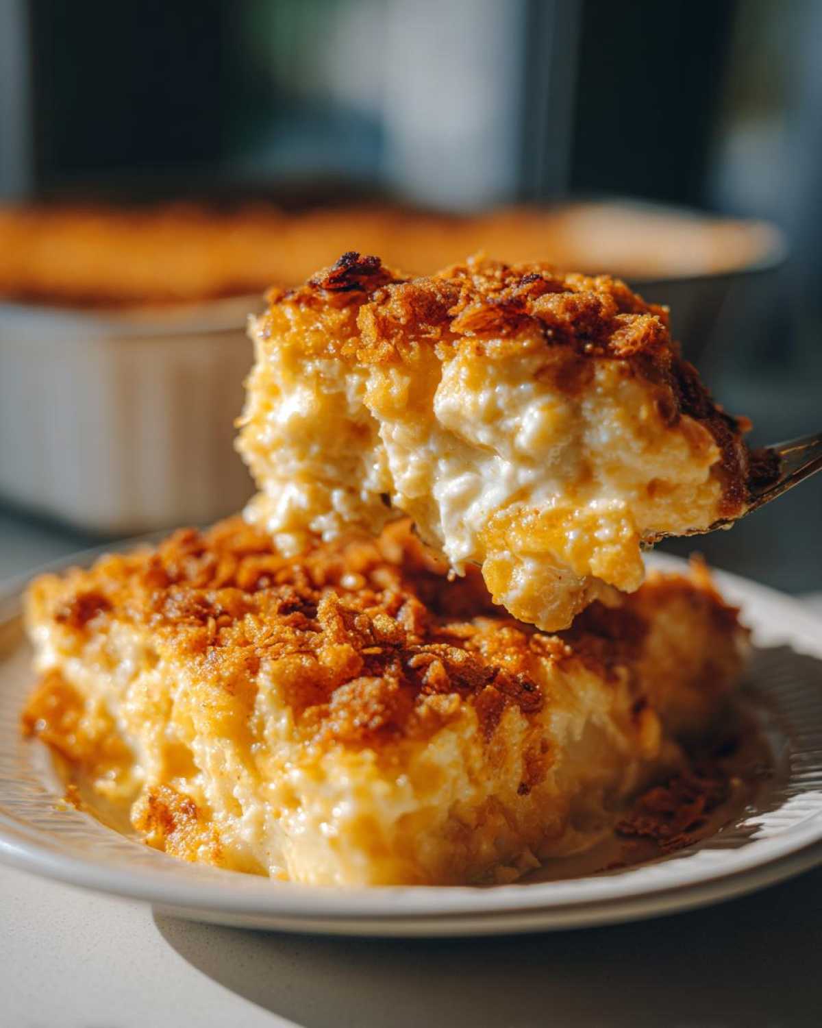 A spoonful of creamy potato casserole with a golden, crispy topping being lifted from a serving on a white plate.