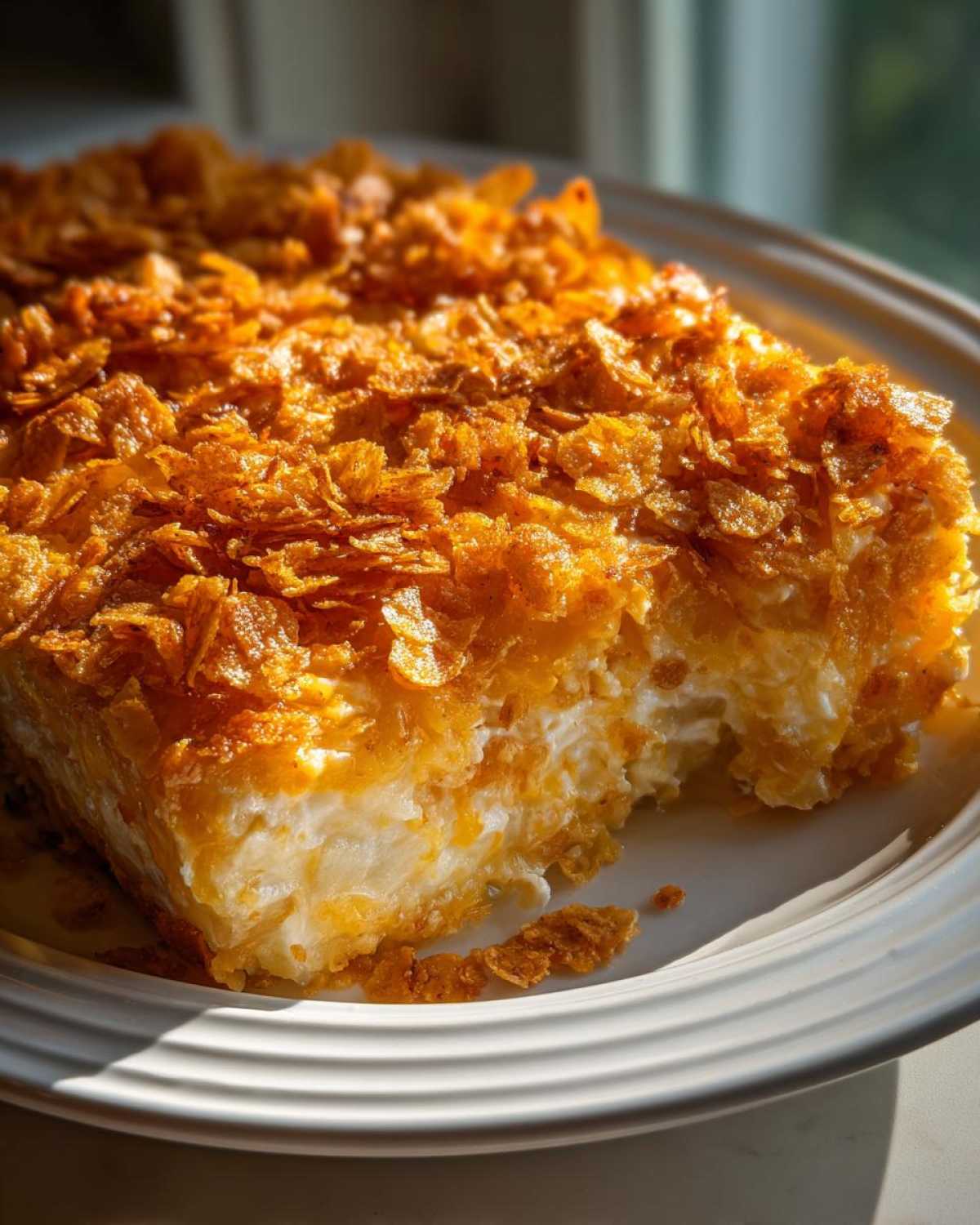A square serving of creamy potato casserole topped with golden, crunchy cornflakes, with a bite taken out.