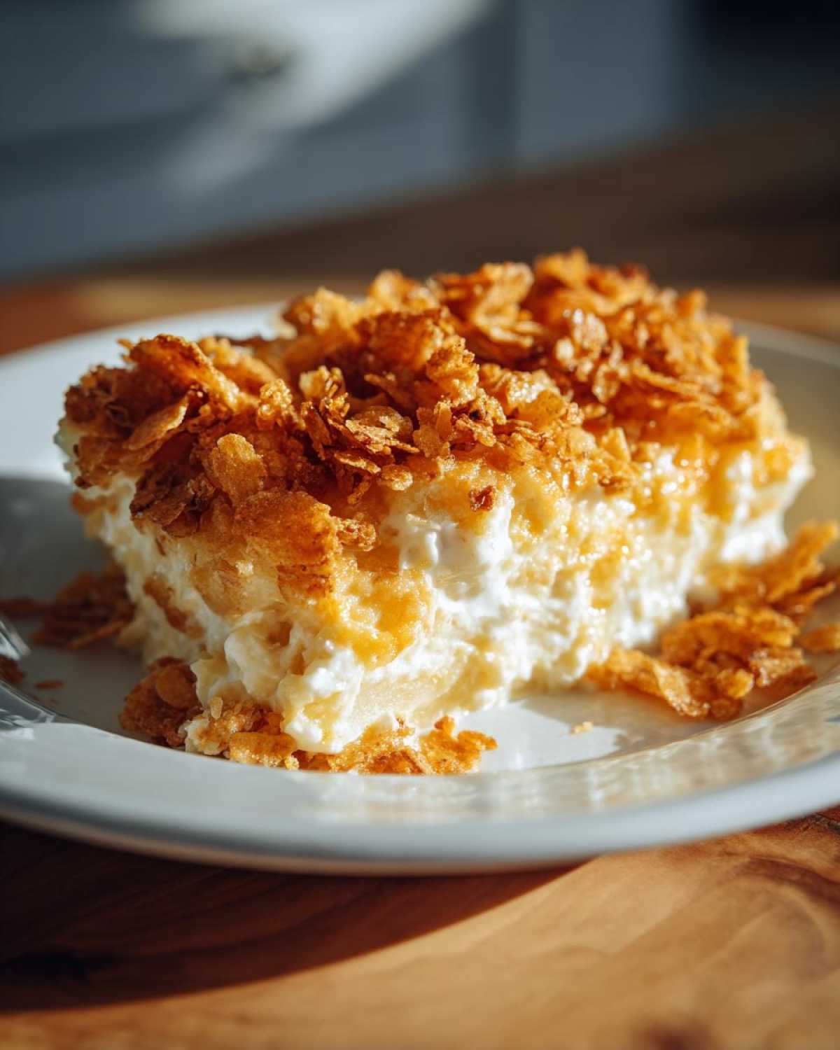 A close-up of a creamy slice of potato casserole topped with golden, crunchy cornflakes.