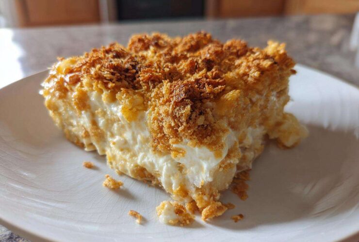 A close-up of a creamy slice of potato casserole with a crunchy, golden brown topping on a white plate.