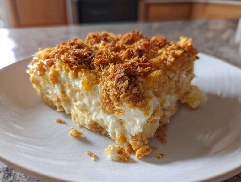 A close-up of a creamy slice of potato casserole with a crunchy, golden brown topping on a white plate.