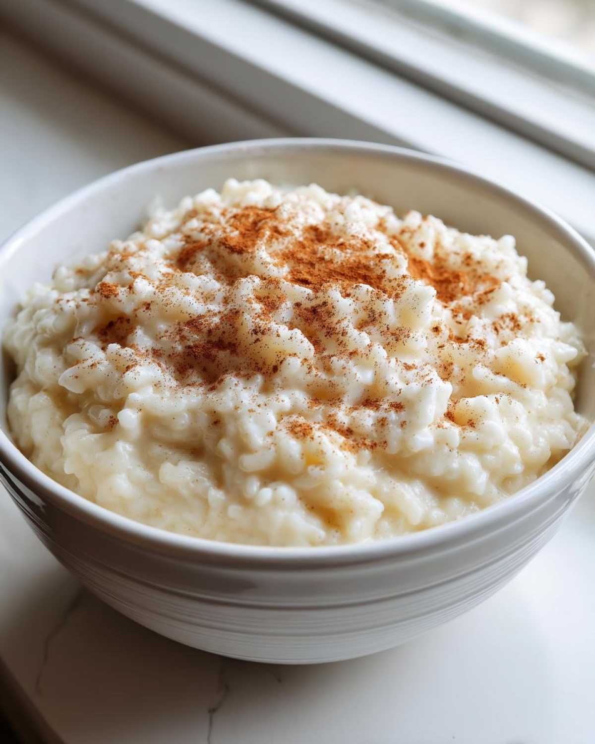 A close-up of creamy rice pudding recipe served in a white bowl, dusted generously with cinnamon.