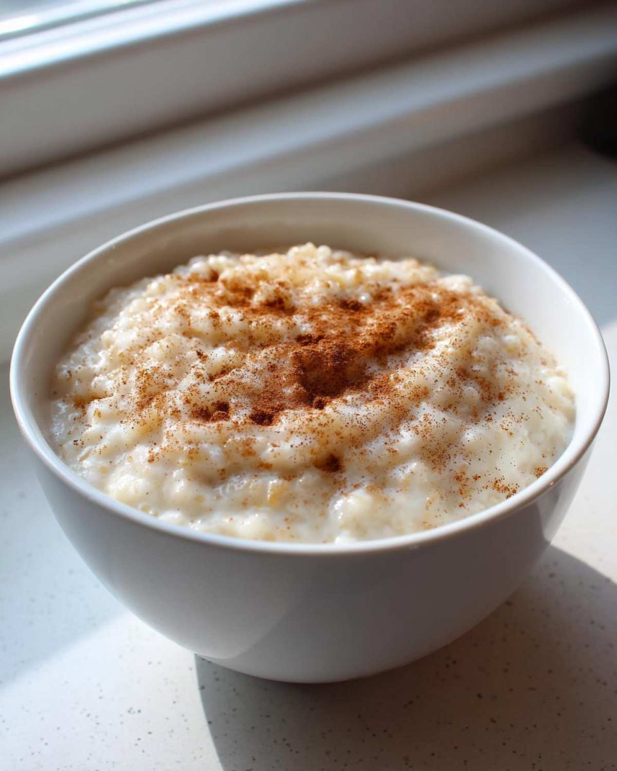 Close-up of a white bowl filled with creamy rice pudding recipe, dusted generously with cinnamon.