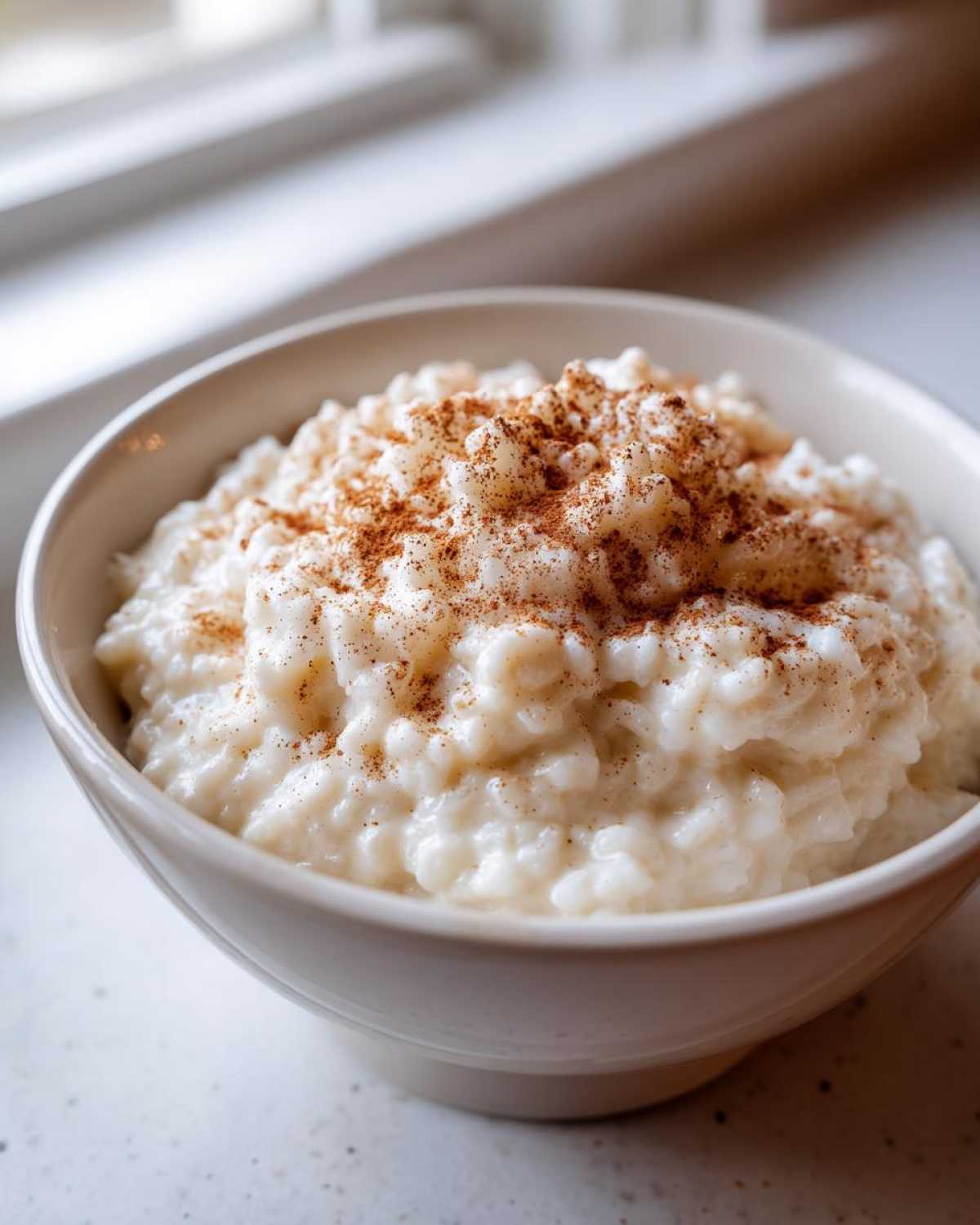 Close-up of a bowl filled with creamy rice pudding recipe topped generously with ground cinnamon.