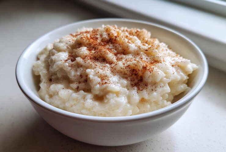 Close-up of a white bowl filled with creamy rice pudding recipe, dusted generously with cinnamon.