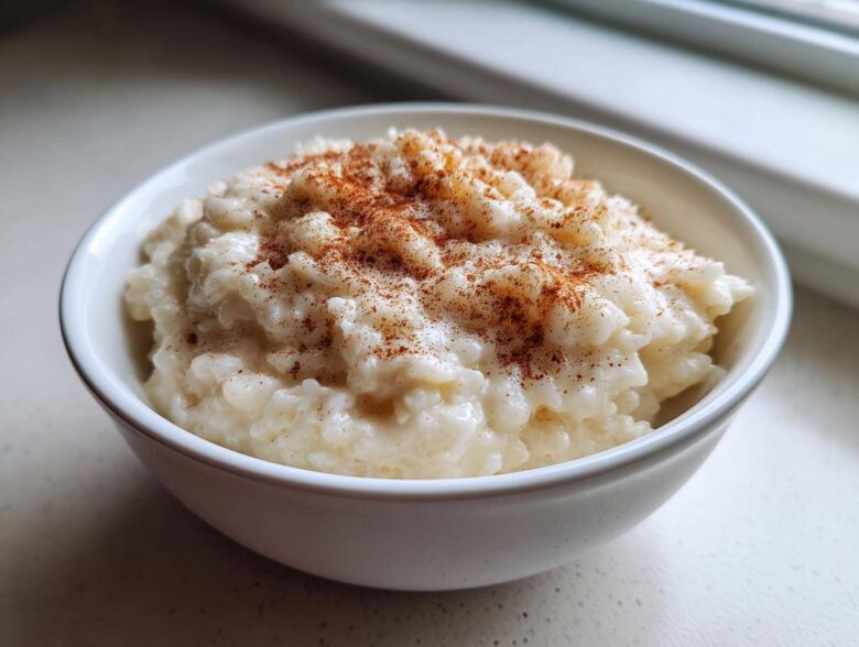 Close-up of a white bowl filled with creamy rice pudding recipe, dusted generously with cinnamon.