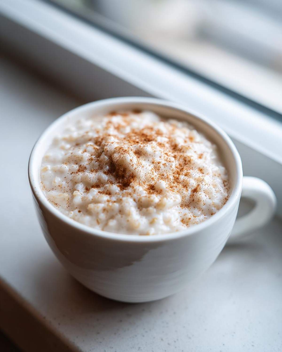 Close-up of creamy rice pudding recipe served in a white mug, dusted generously with cinnamon.