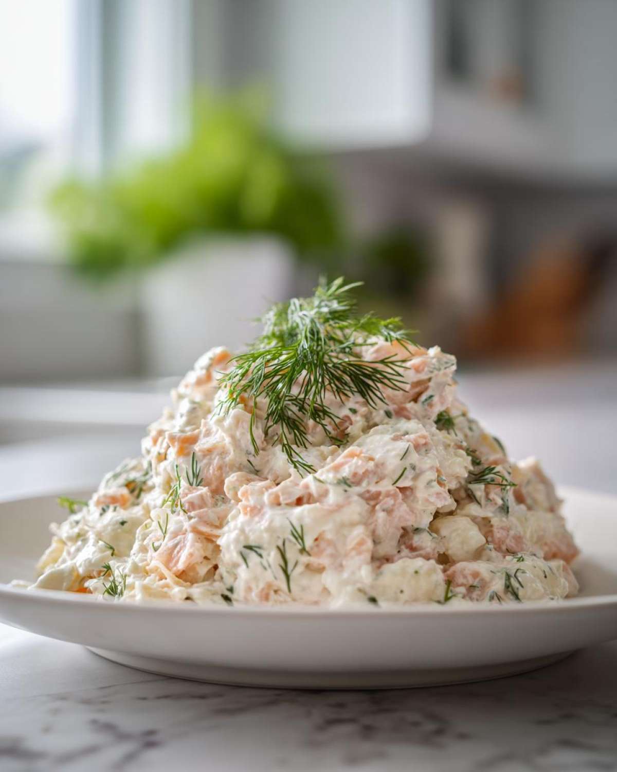 A generous mound of creamy salmon salad mixed with chunks of salmon and topped with fresh dill.