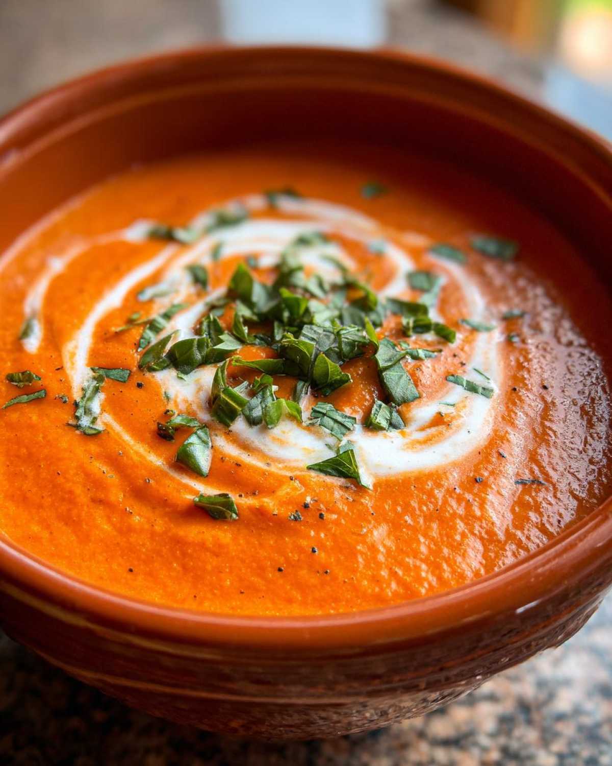 A close-up shot of rich, orange tomato bisque topped with a swirl of cream and fresh chopped basil.