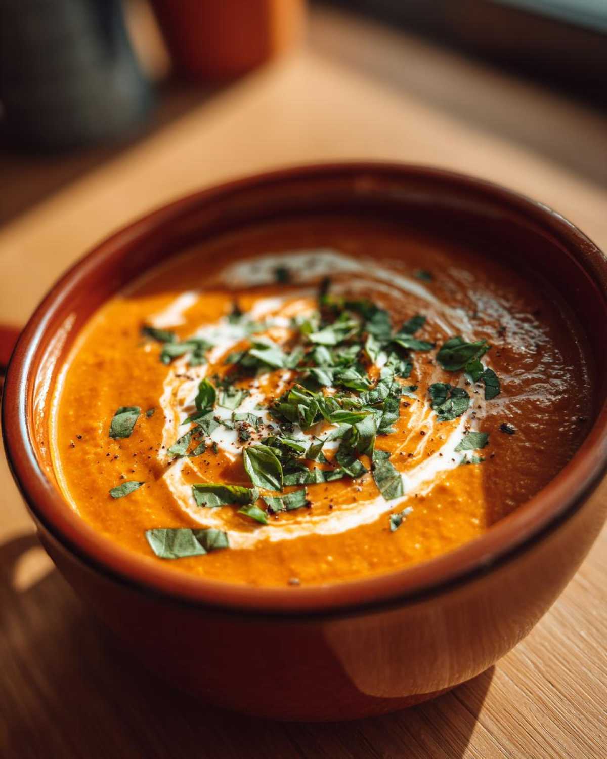 A close-up of a warm bowl of rich tomato bisque, swirled with cream and topped with fresh basil.