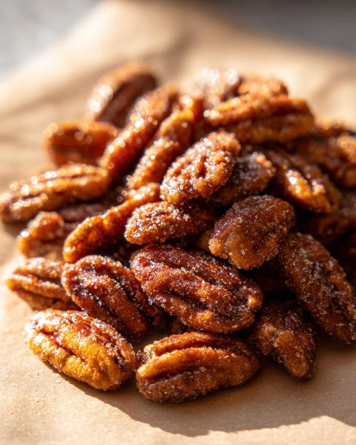 A pile of freshly made candied pecans glistening with sugar coating, resting on brown parchment paper.