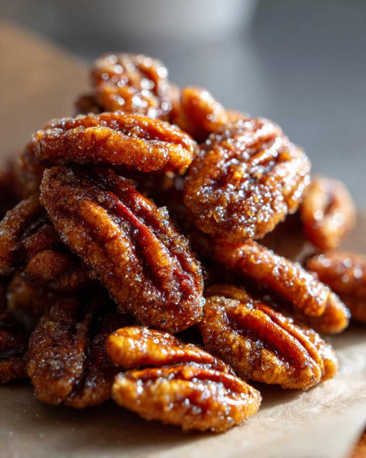 A close-up, macro shot of a pile of glistening, freshly made candied pecans resting on brown parchment paper.