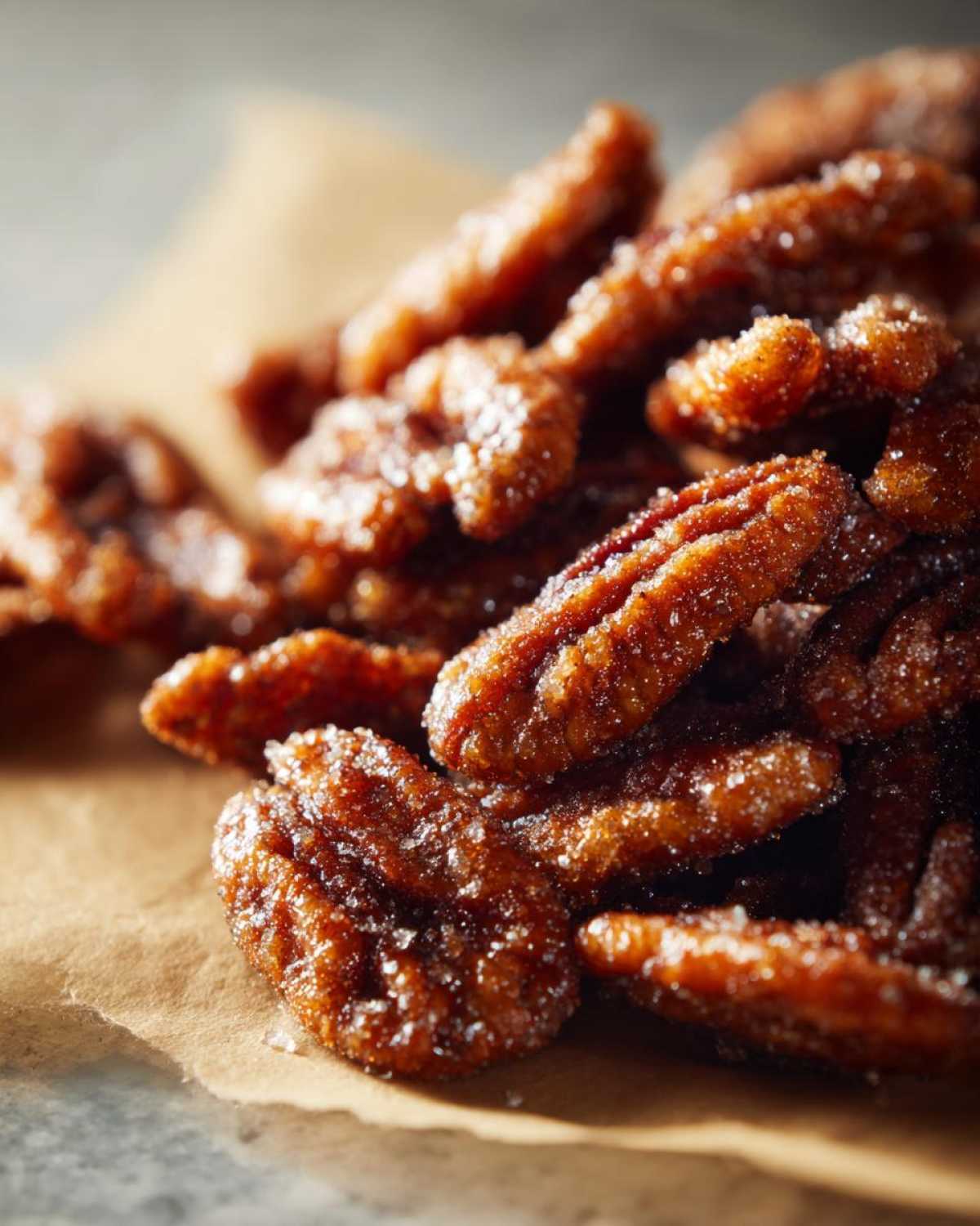 A close-up macro shot of freshly made candied pecans coated in sparkling sugar crystals.