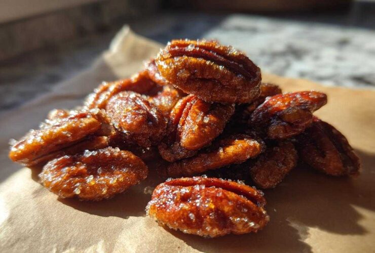 A pile of glistening, caramelized candied pecans sprinkled with coarse sugar resting on brown parchment paper.