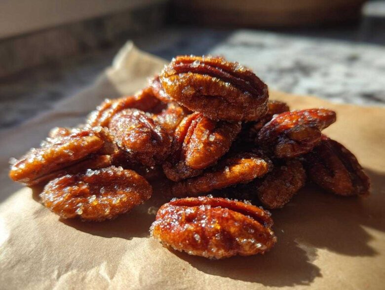 A pile of glistening, caramelized candied pecans sprinkled with coarse sugar resting on brown parchment paper.