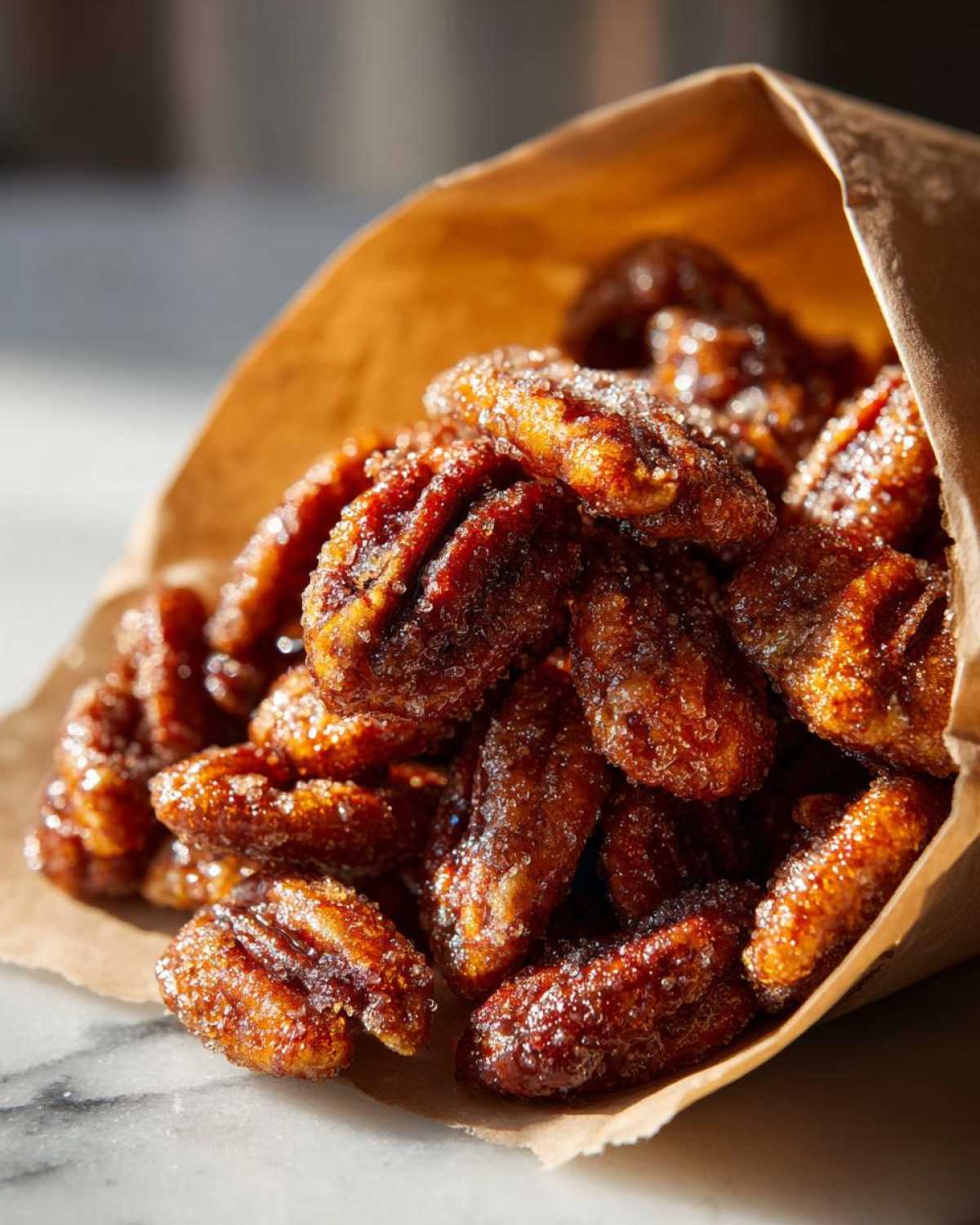 A pile of freshly made, glossy candied pecans spilling out of a small brown paper bag.