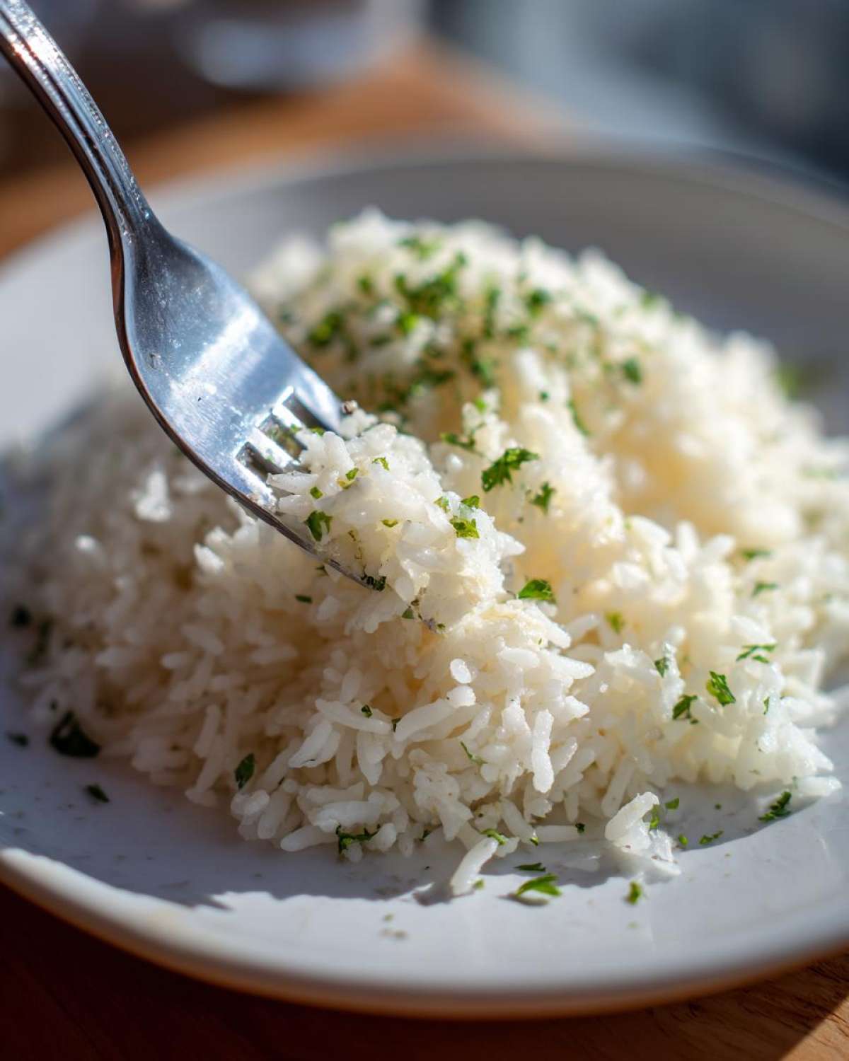 A fork lifting a bite of fluffy white butter rice garnished with chopped parsley on a white plate.