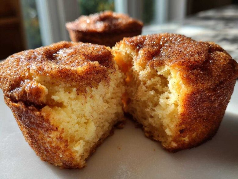 Close-up of a cinnamon sugar french toast muffin broken in half, showing the fluffy interior.