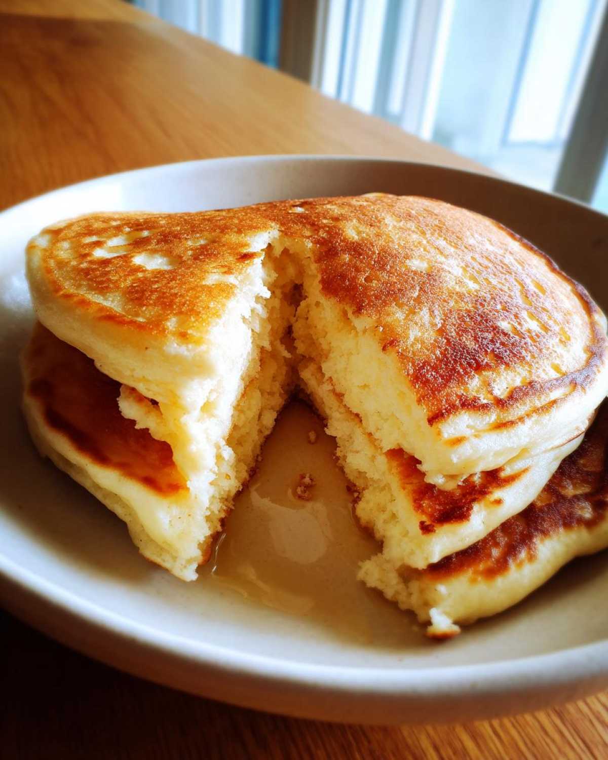 Close-up of fluffy coconut flour pancakes stacked and cut in half, showing the light interior and syrup pooling below.