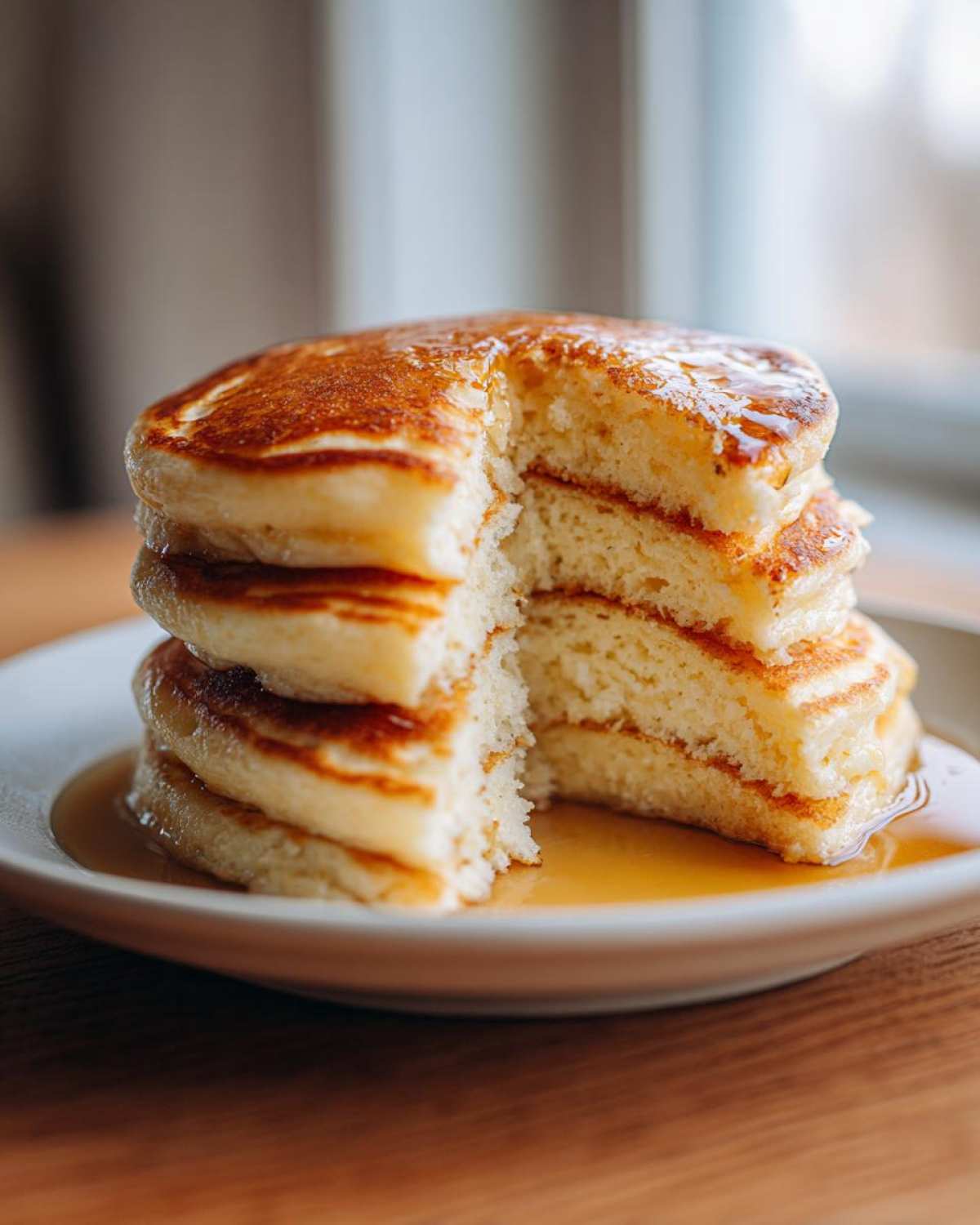 A tall stack of fluffy coconut flour pancakes, cut to show the interior texture, drizzled with syrup.