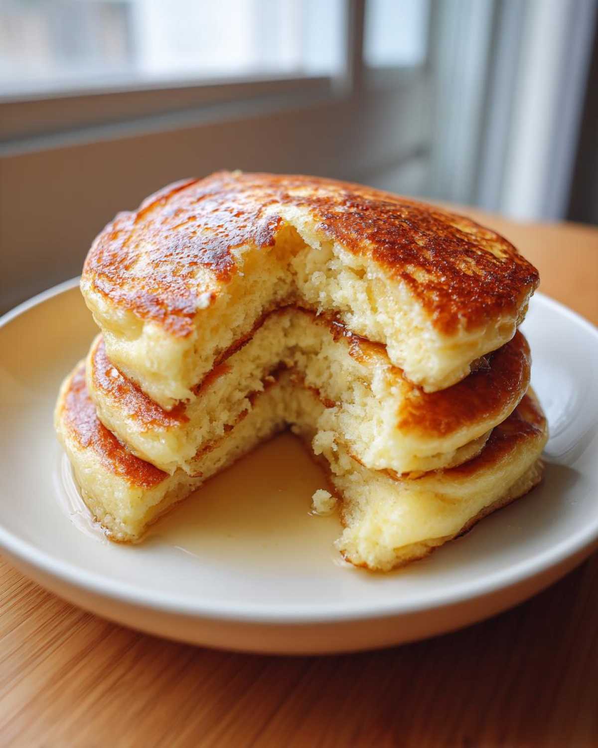 Close-up of a fluffy stack of coconut flour pancakes with a bite taken out, drizzled with syrup.