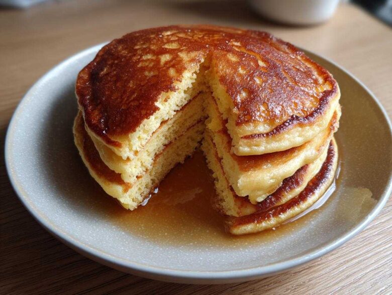 A stack of fluffy coconut flour pancakes with a piece cut out, drizzled generously with maple syrup.