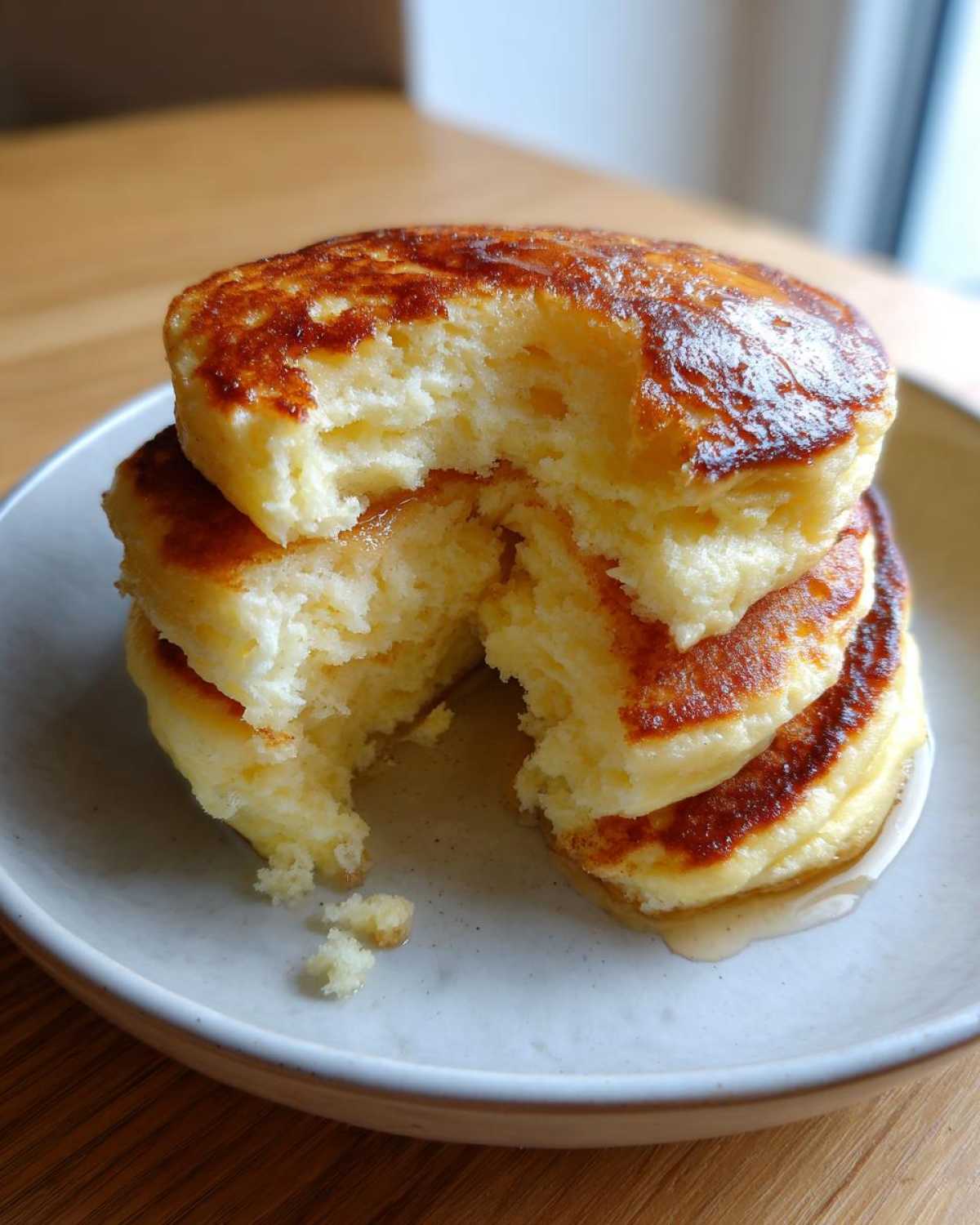 Close-up of a stack of fluffy coconut flour pancakes with a bite taken out, showing the airy interior and syrup.