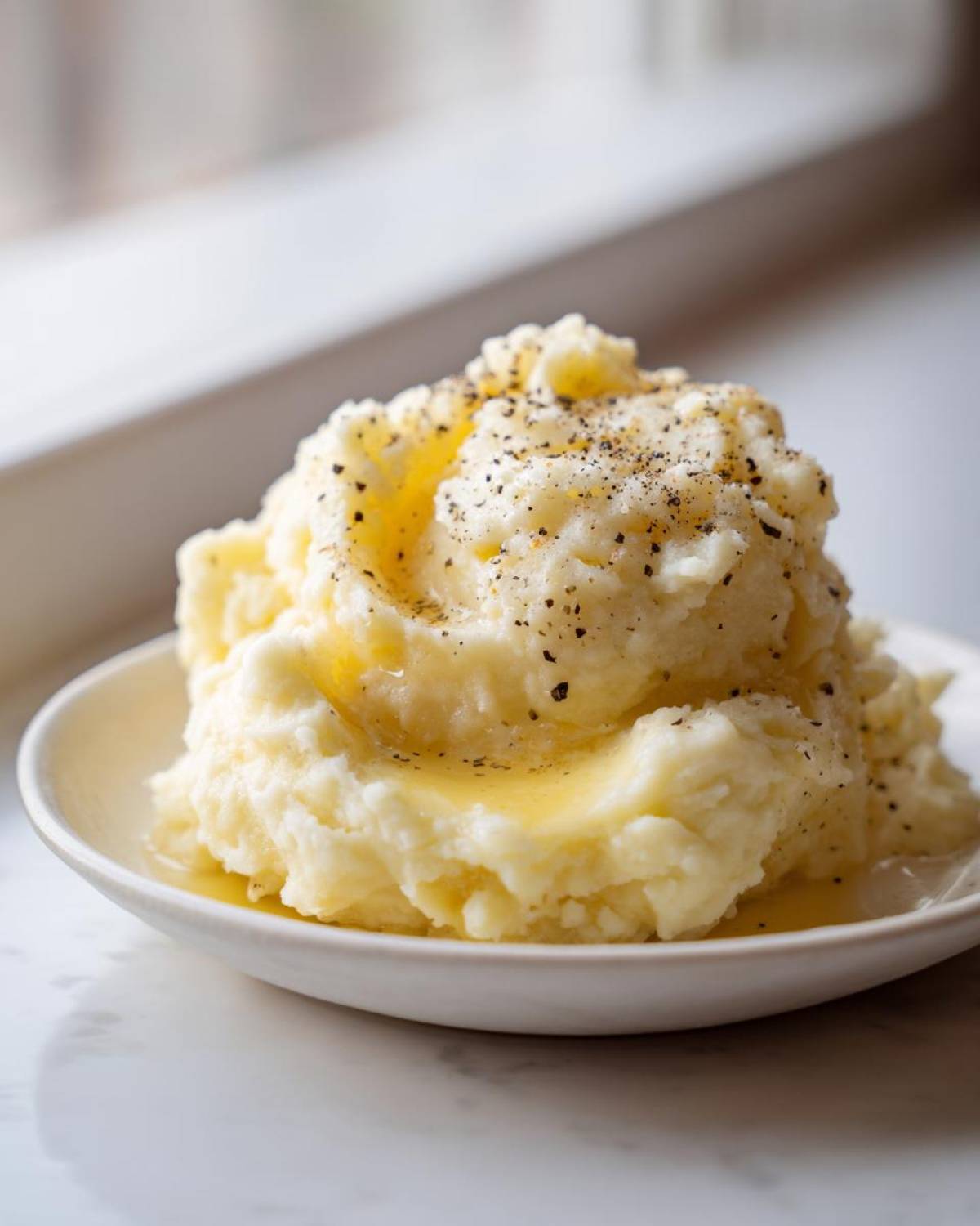A generous serving of creamy, fluffy mashed potatoes topped with melted butter and cracked black pepper.