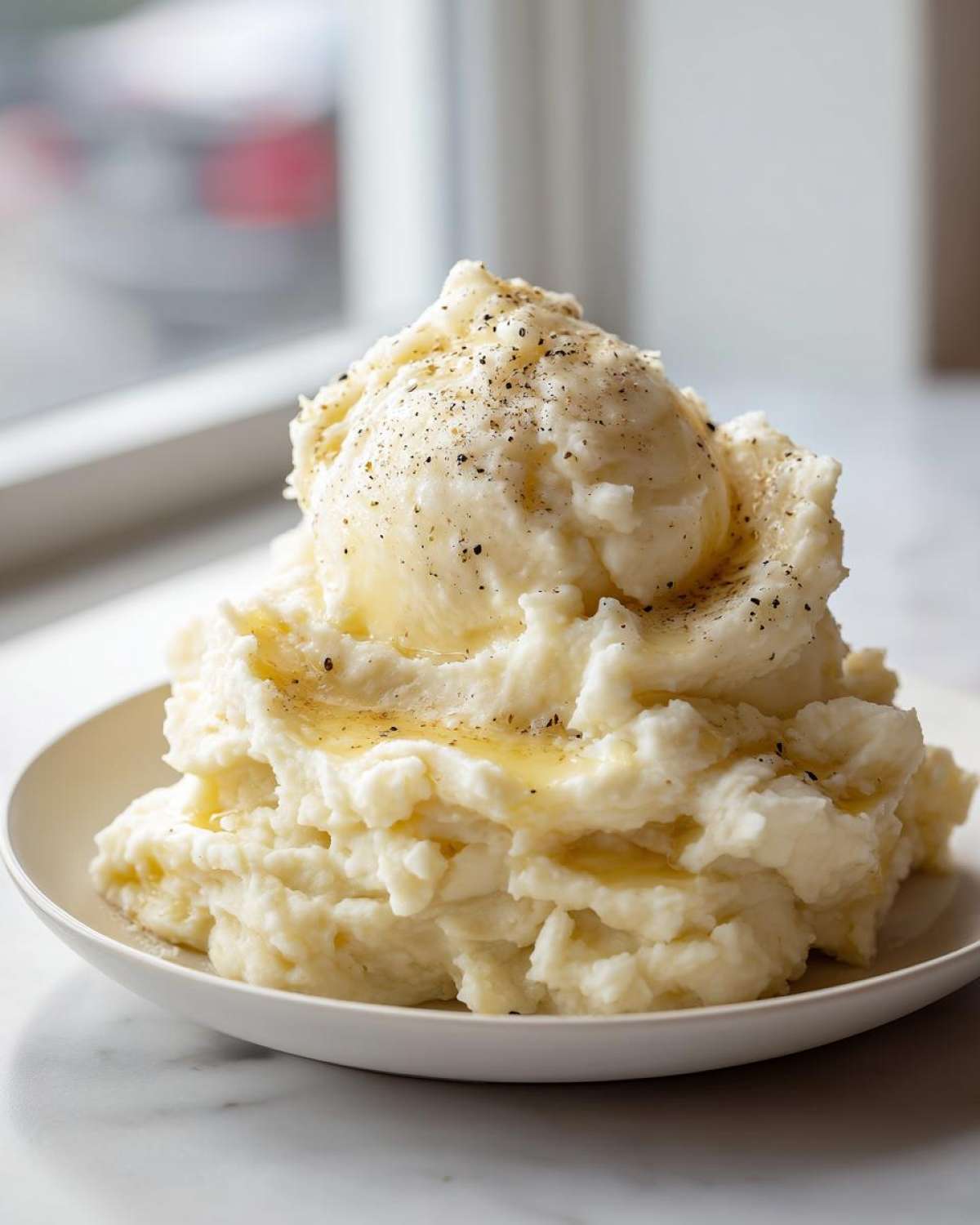A generous serving of fluffy mashed potatoes topped with melted butter and cracked black pepper.