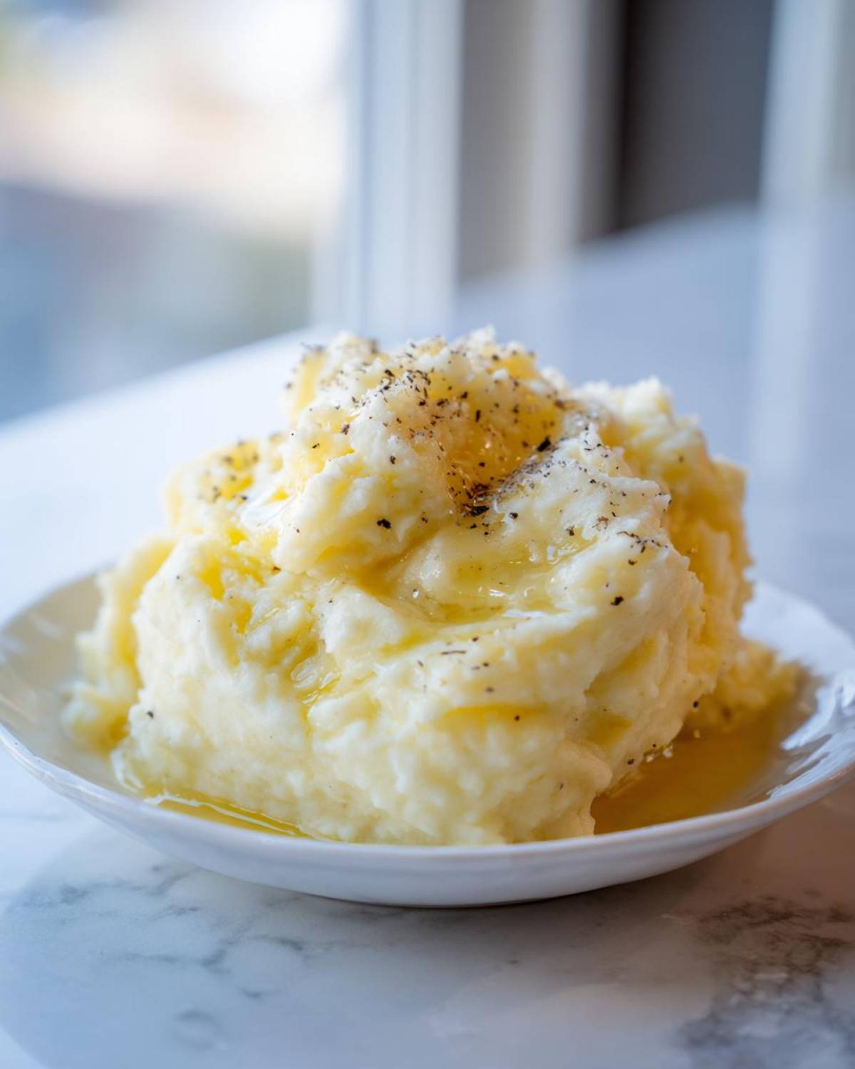 A generous serving of fluffy mashed potatoes topped with melted butter and cracked black pepper.
