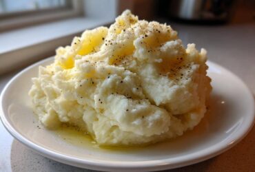 A generous serving of fluffy mashed potatoes topped with melted butter and cracked black pepper on a white plate.