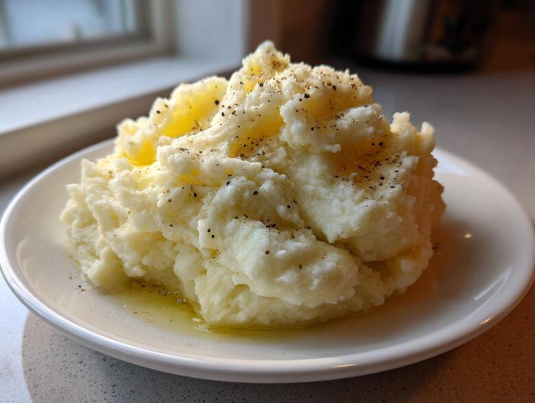 A generous serving of fluffy mashed potatoes topped with melted butter and cracked black pepper on a white plate.