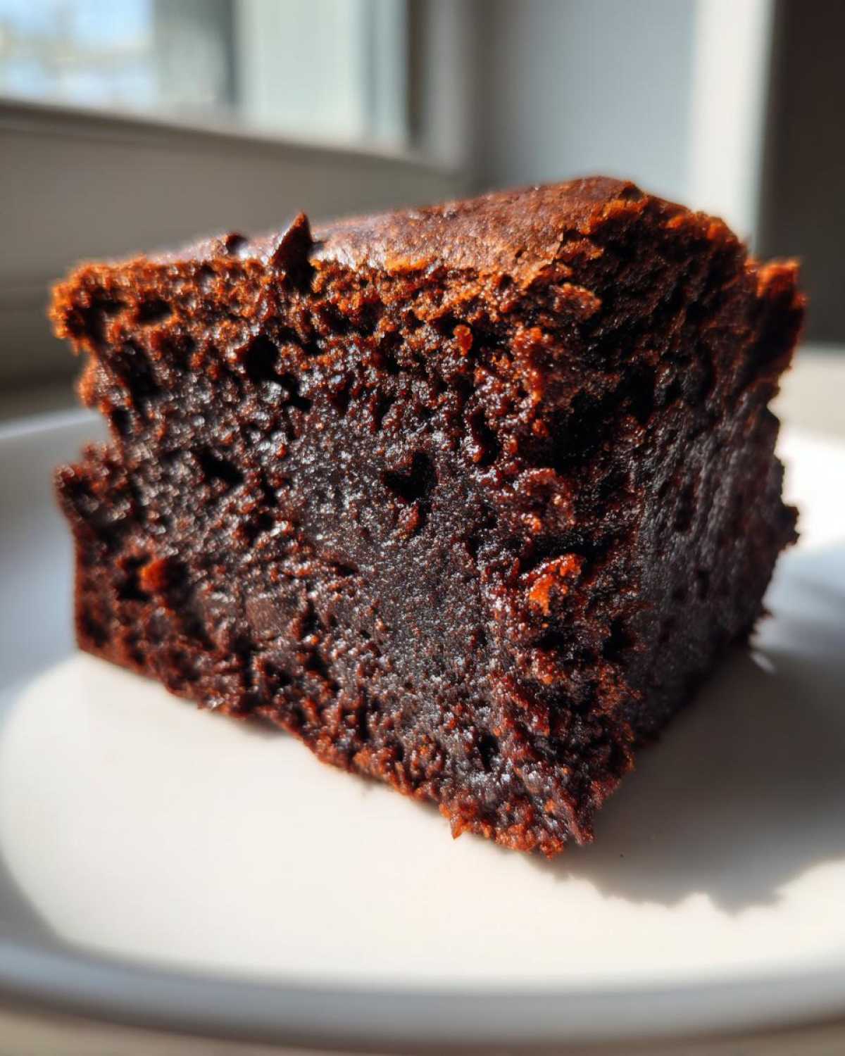 Close-up of a rich, dark, fudgy piece of gingerbread brownies sitting on a white plate.