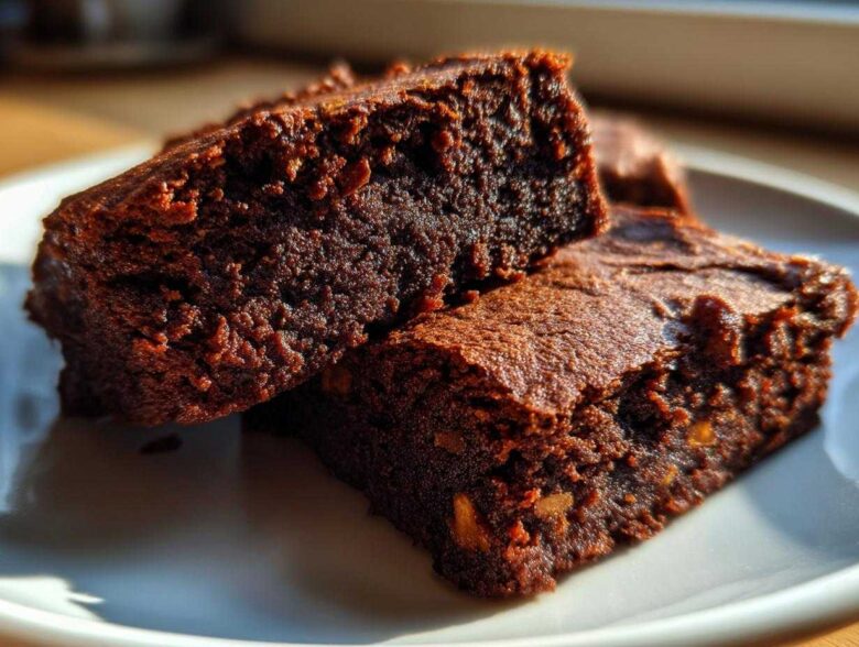 Close-up of two fudgy gingerbread brownies stacked on a white plate, showing rich dark texture.