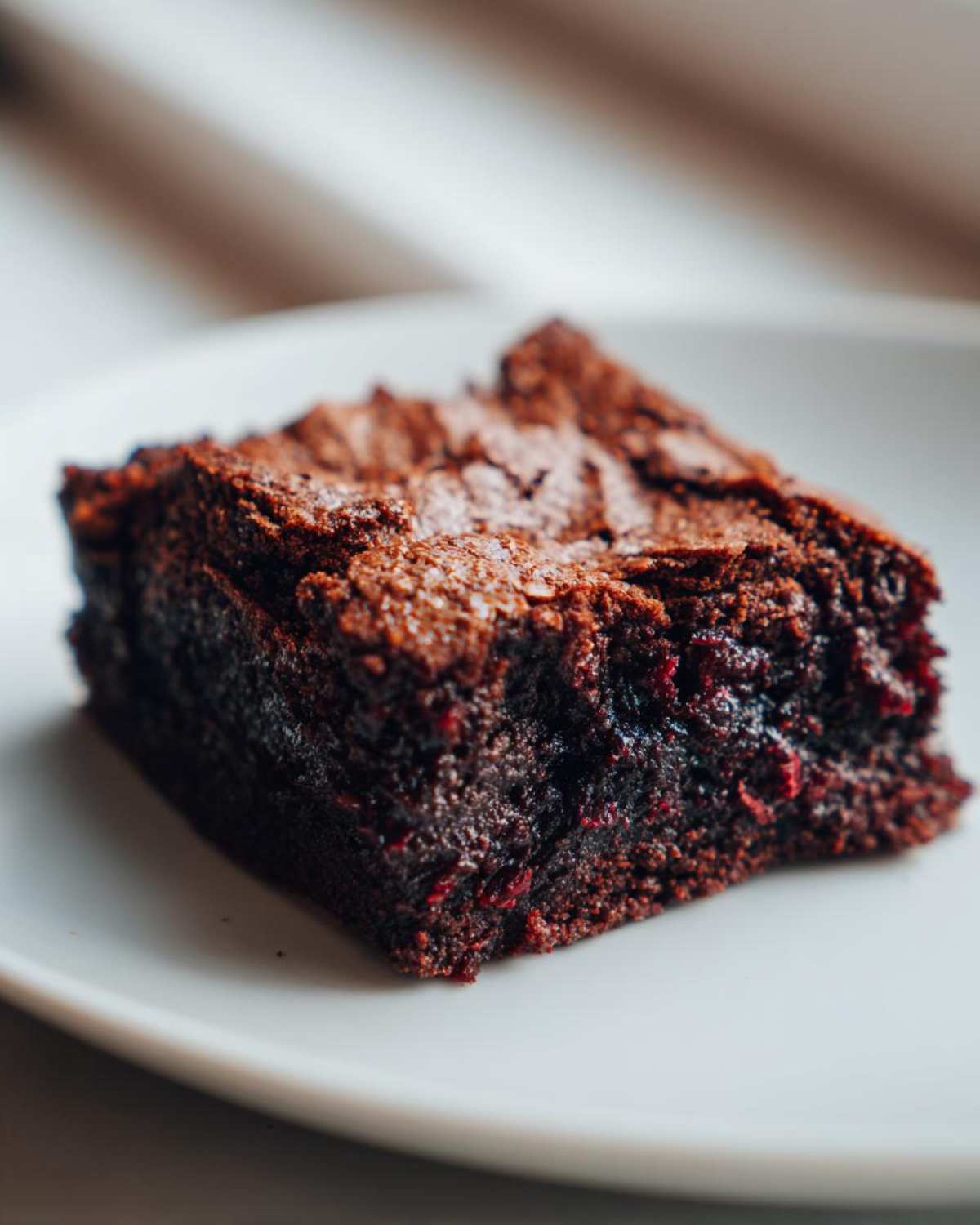 Close-up of a single, fudgy, dark chocolate gingerbread brownie slice on a white plate.