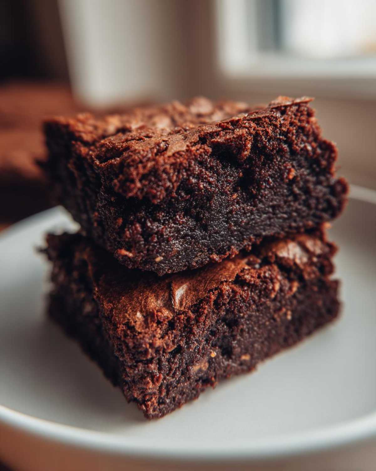 Close-up of two fudgy gingerbread brownies stacked on a white plate, showing rich dark chocolate texture.